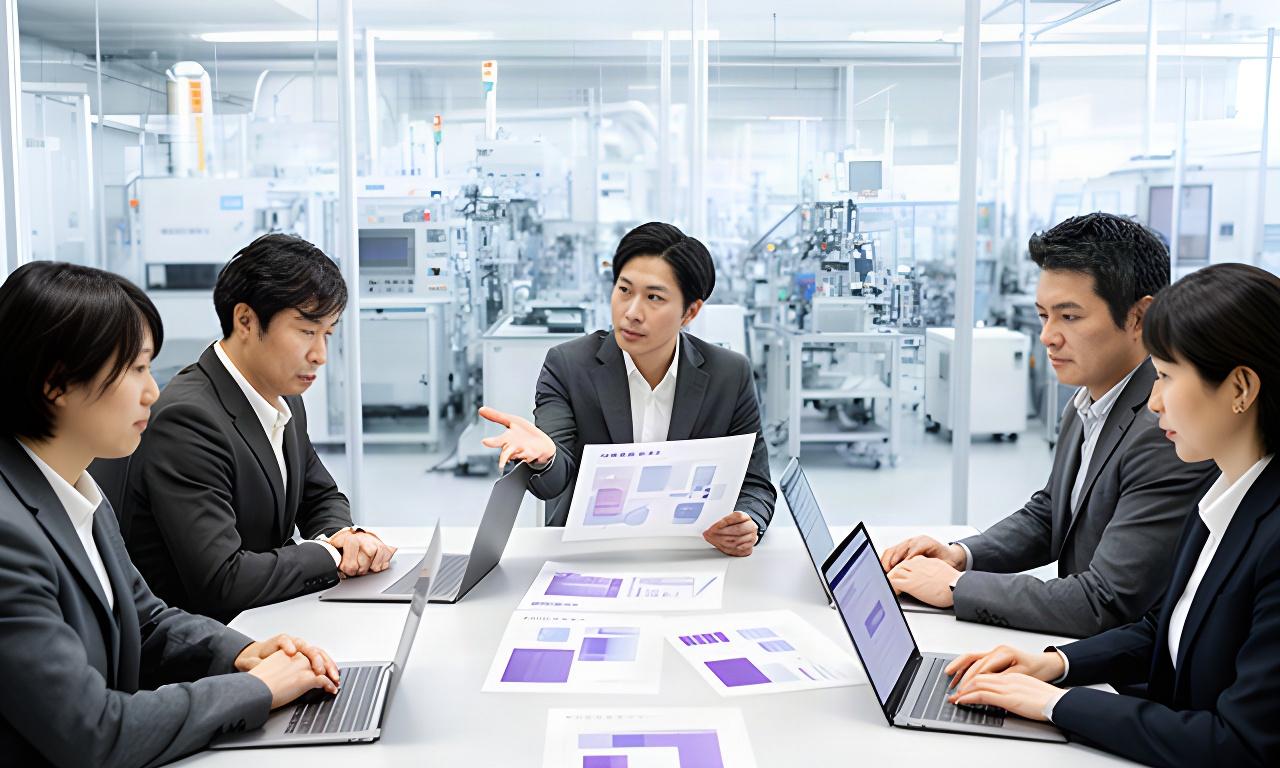 明るい製造業の会議室で、担当者が生成AI利用ルールとデータ分類の資料を確認している様子
