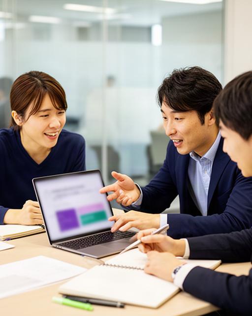 兵庫県の企業研修で、講師と参加者が生成AIの出力確認をノートパソコンで実践している様子