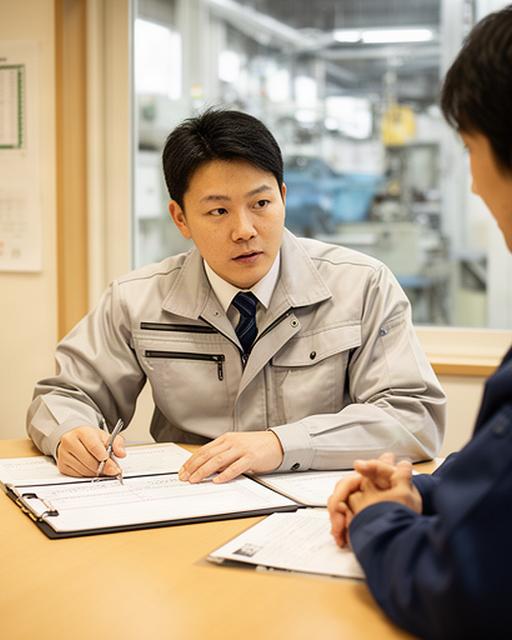兵庫県明石市の製造会社で、担当者が作業記録を確認しながら業務改善の相談をする落ち着いた会議風景