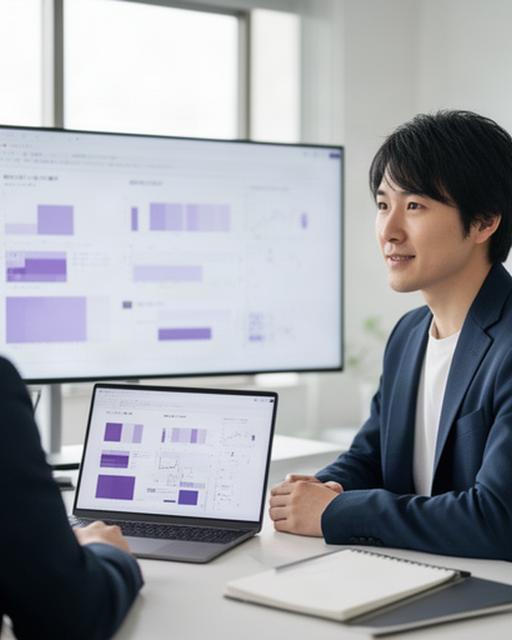 明石のオフィスで、製造データの画面を見ながら担当者の話を聞くAIコンサルタント