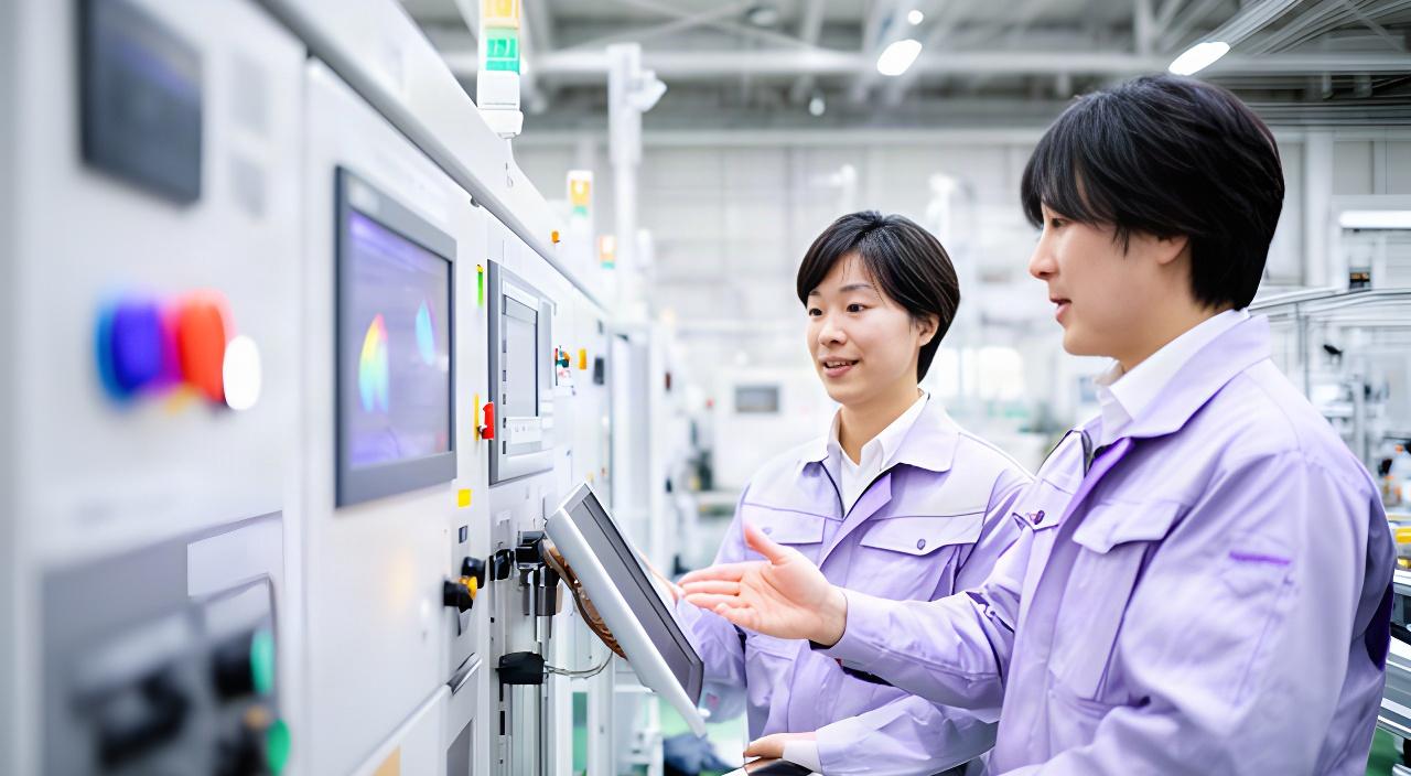 明るい製造現場で、担当者とコンサルタントが設備データを見ながらAI活用について話し合う様子