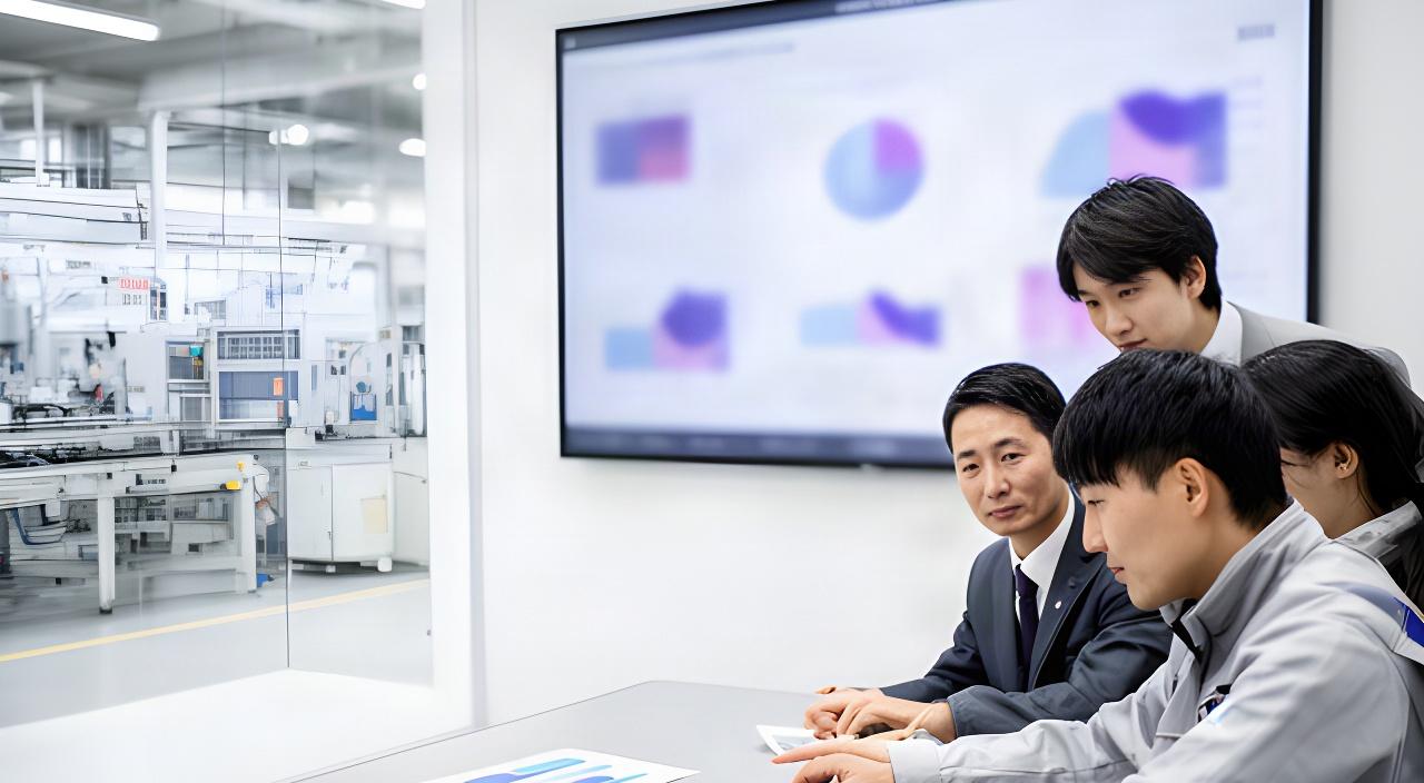 明るい製造現場の会議スペースで、担当者が販売・生産データを大きな画面で確認している様子