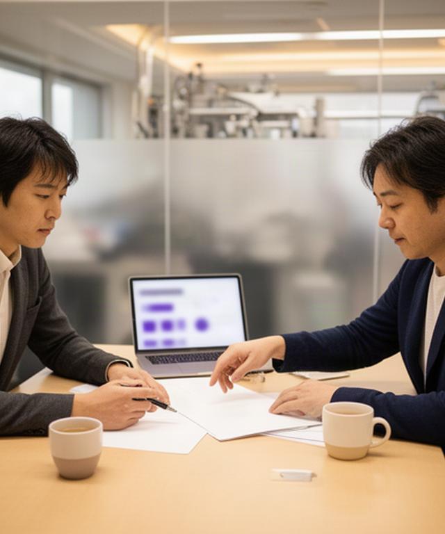 明石の製造業の会議室で、データ分析担当者と現場管理者が業務KPIを書いた資料を確認する打ち合わせ