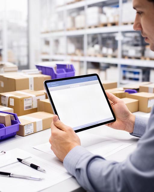 明るい物流拠点の作業台で担当者がタブレットの出荷計画と在庫表を見比べる様子
