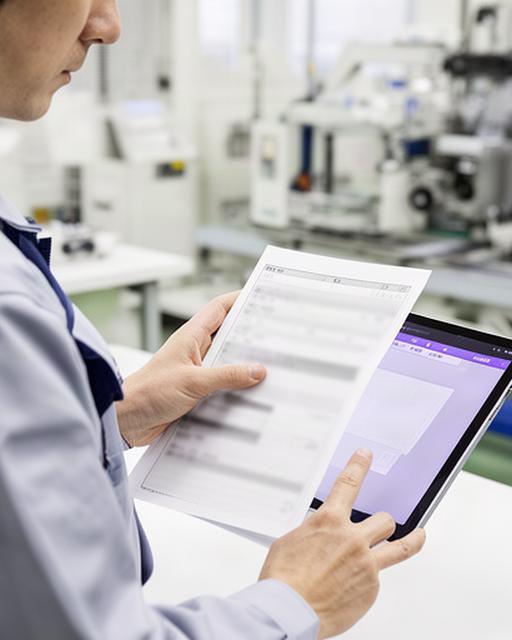 明石の製造事業所で、担当者が作業記録とタブレットの確認画面を照合している様子