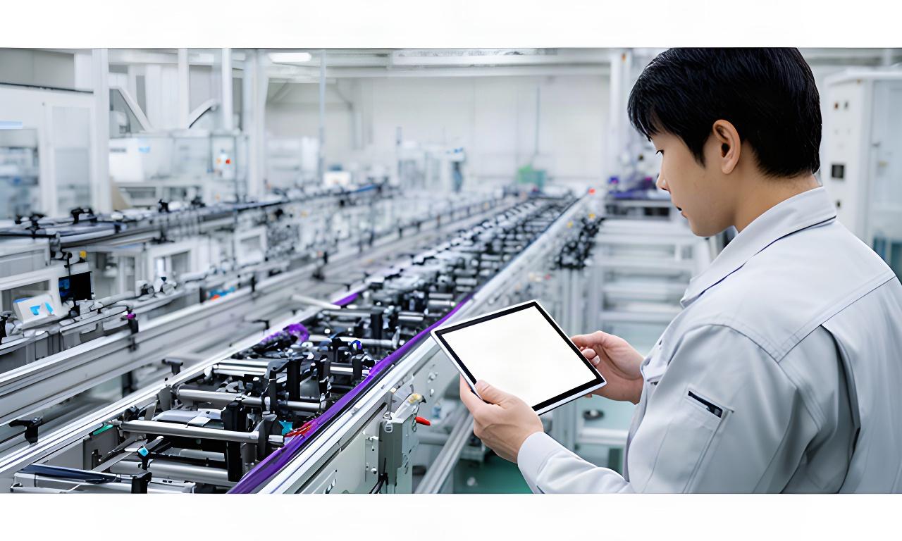 兵庫県の製造現場で、作業標準書をタブレットで確認するスタッフと整然とした生産ライン