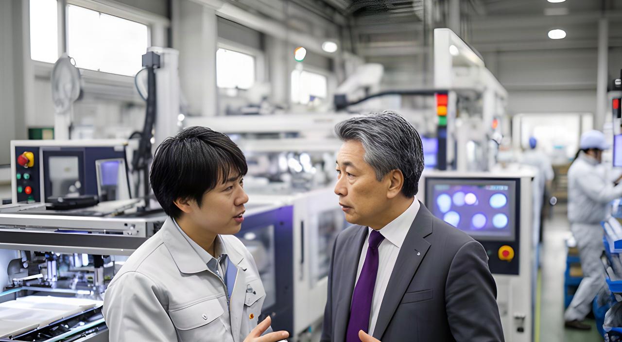 明石の製造現場で、生産ラインの稼働状況を確認しながら打ち合わせをする技術者と経営担当者