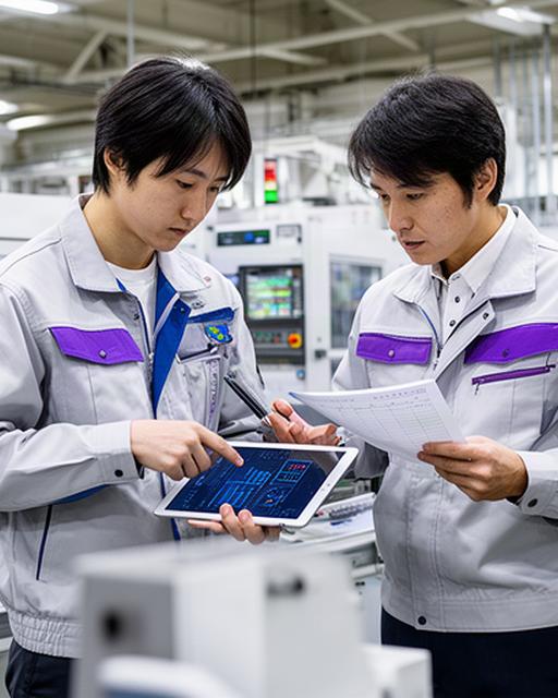 明石近郊の製造現場で技術者と生産担当者が設備データと検査記録を確認している様子