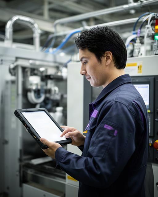 工場の設備横でタブレットの稼働データを確認する製造技術担当者