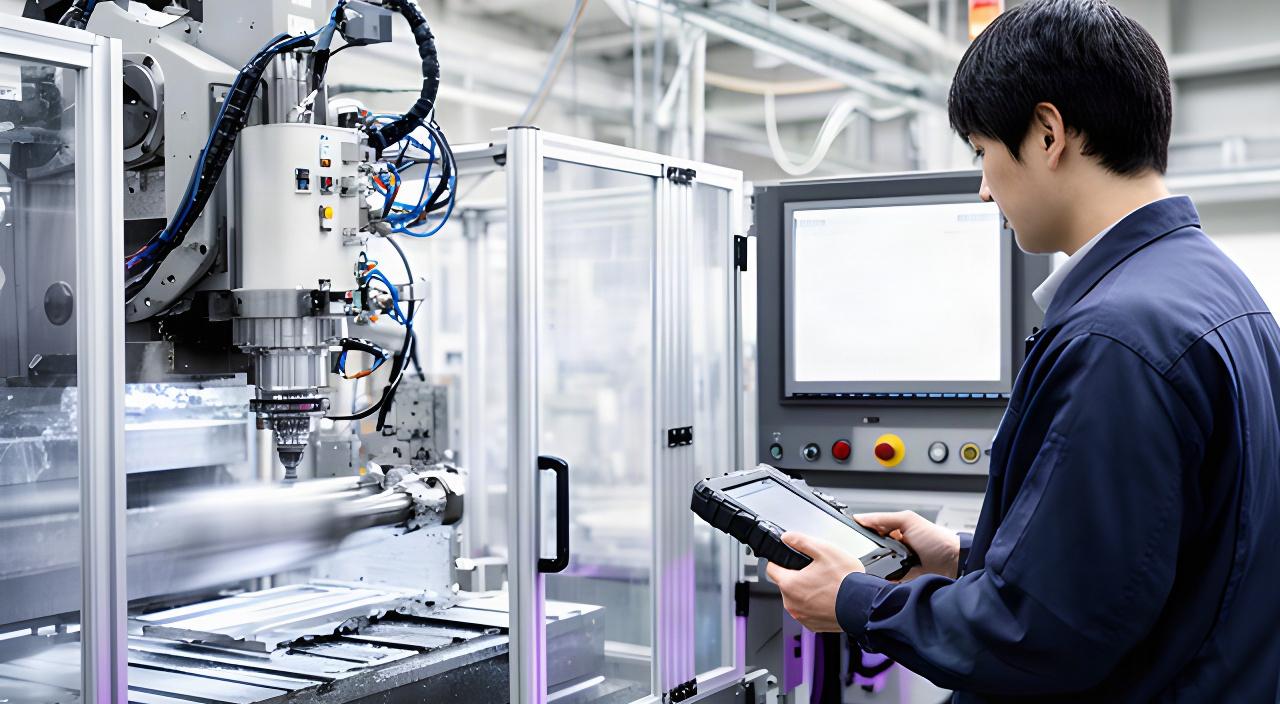 兵庫県の製造工場で、生産ラインの設備データを確認する作業者と稼働中の加工機械