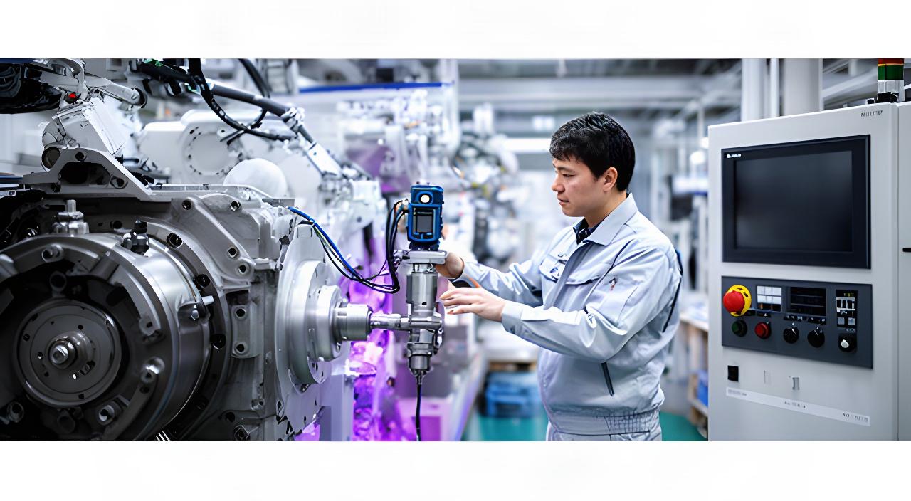 工場の保全担当者が大型産業機械の振動センサーと操作盤を点検している現場