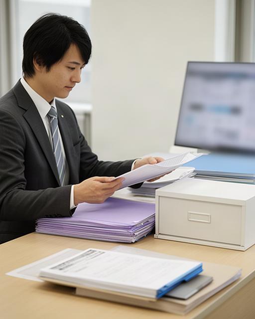 明石の落ち着いたオフィスで担当者が保管書類を整理し、情報の取り扱い記録を確認する様子
