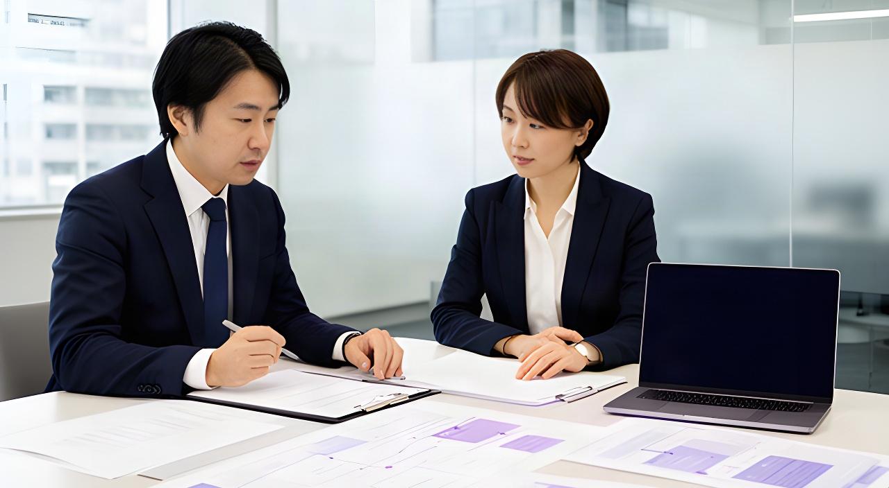 明るい打ち合わせ室で、製造業の担当者とコンサルタントがAI導入に関する契約書と業務フロー資料を確認している様子